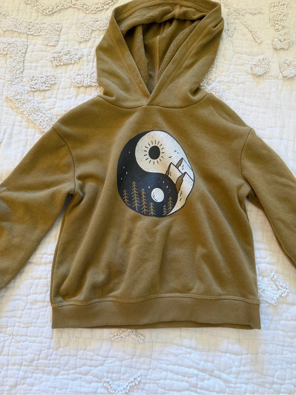 Little Co. Olive Green Hoodie with Yin-Yang Mountain Graphic 4t